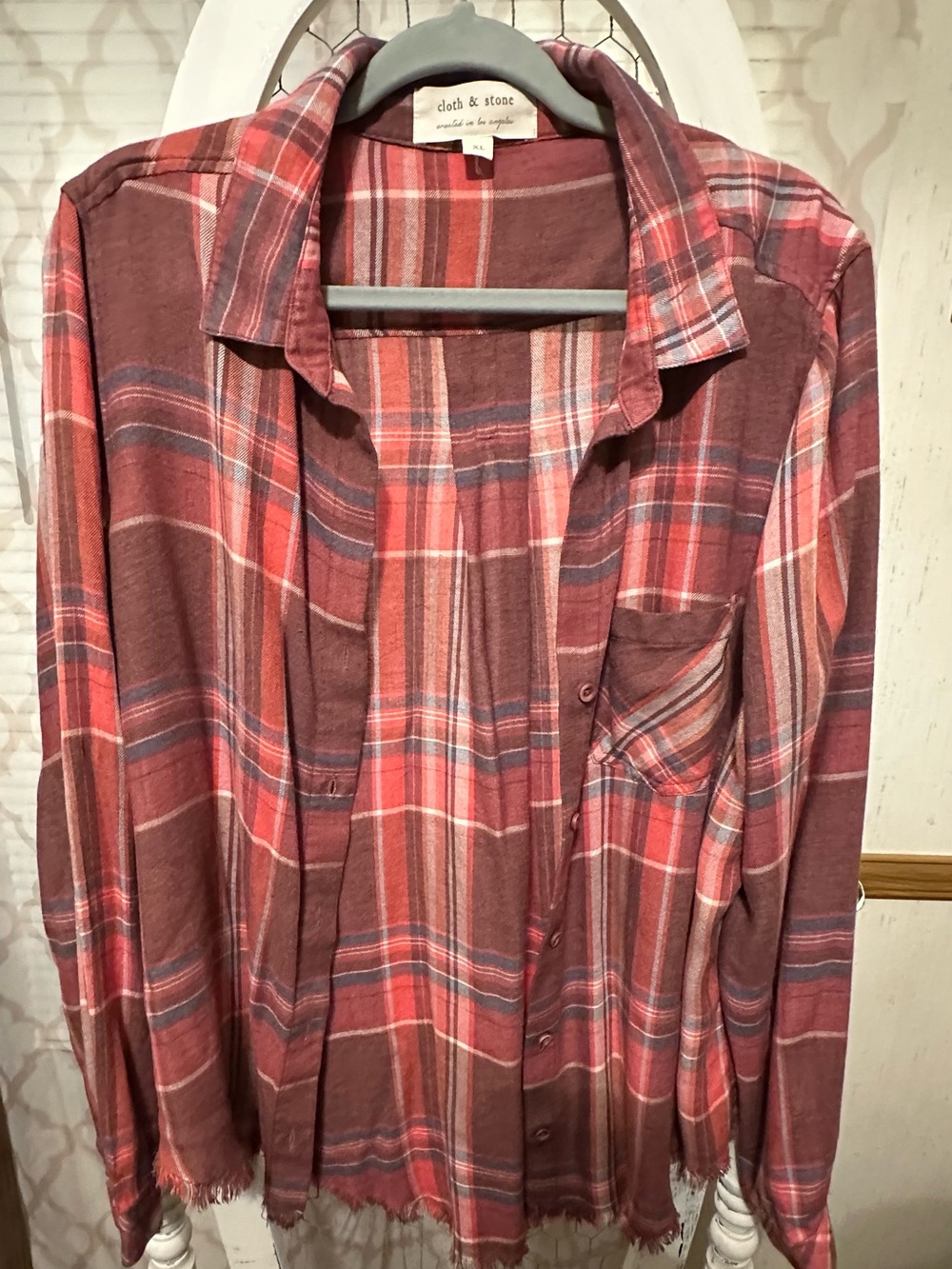 cloth & stone Rust and Coral Plaid Button-Down Shirt with frayed hem